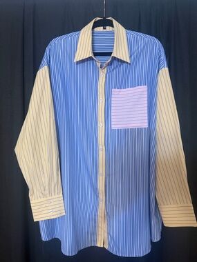 Fashion Nova Blue and Cream Striped Long Sleeve Shirt Dress with Pink Pocket